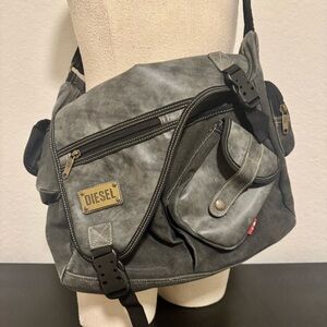 Vintage Diesel Spare Parts Multi Pocket Leather & Canvas Cargo Bag, Gray